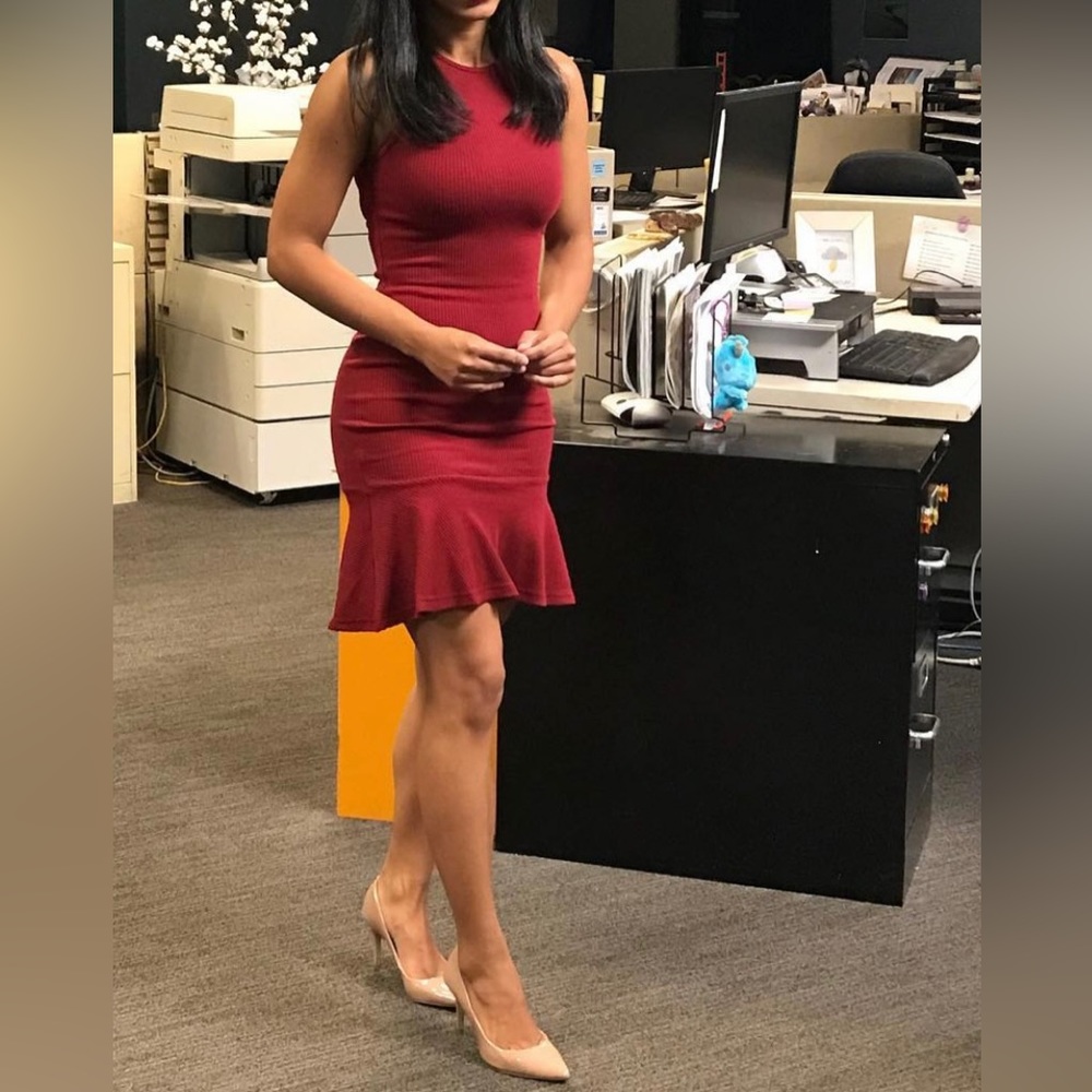 Wine red dress, cotton or cotton-like material. Some stretch.